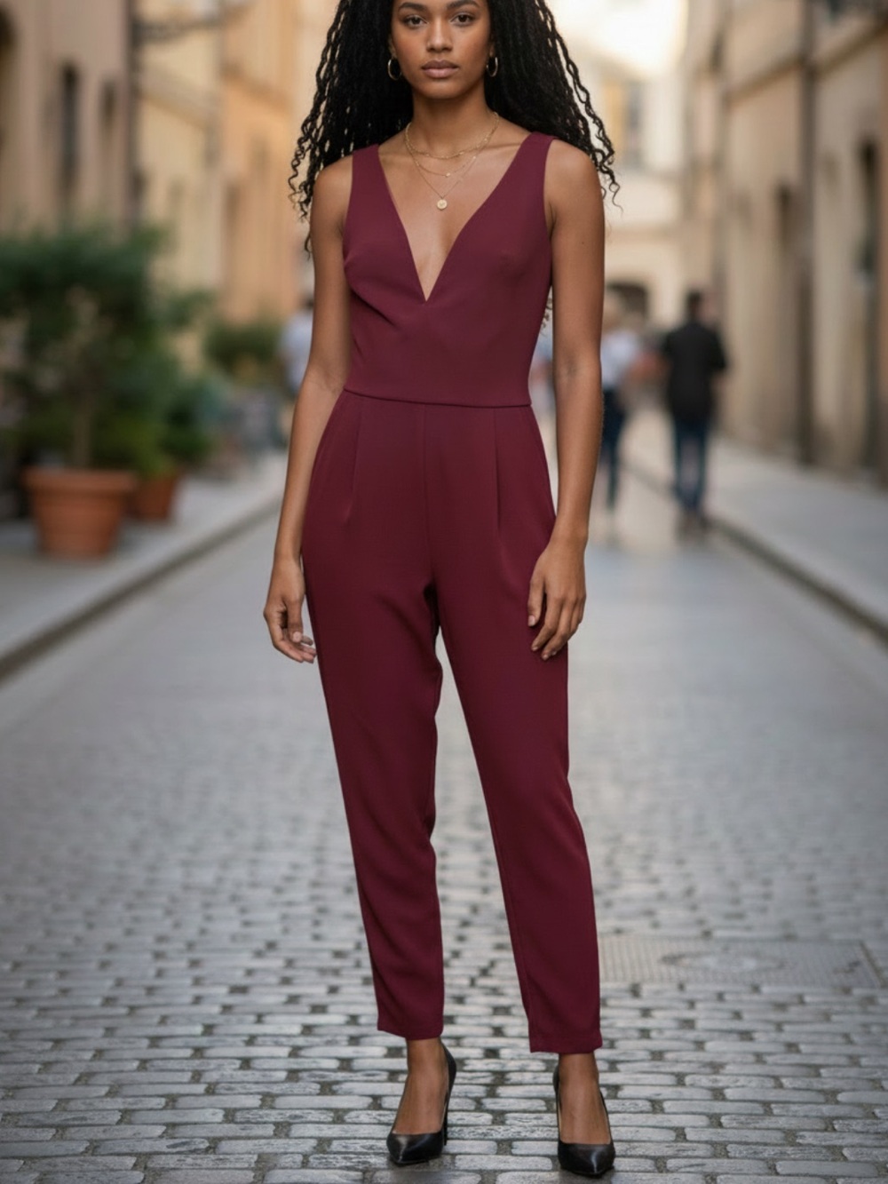 Deep V-Neck Sleeveless Jumpsuit - Burgundy